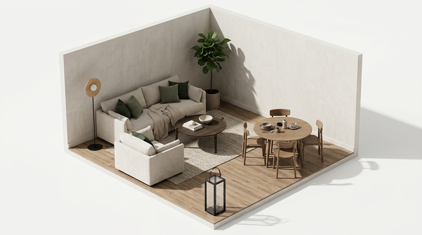 Beige vardagsrum i öppen planlösning — så definieras med Emibig Lighting Soho golvlampa, Artwood Golvlykta Svart Stor