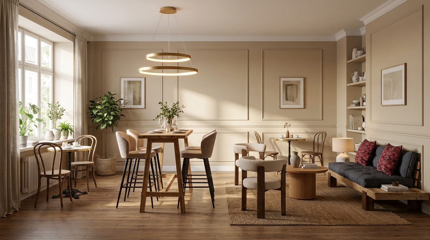Beige panelväggar och svarta kontraster — så får caféet med Gubi Moon loungebord