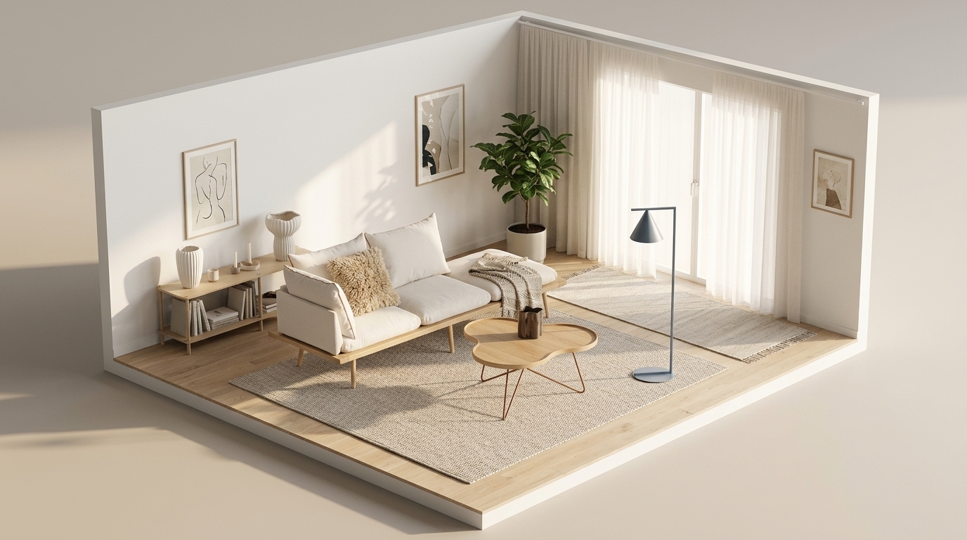 Beige vardagsrum och ljusa träslag — skuggorna förankrar med Umage Lounge Around 3-sits soffa Oak/White Sands