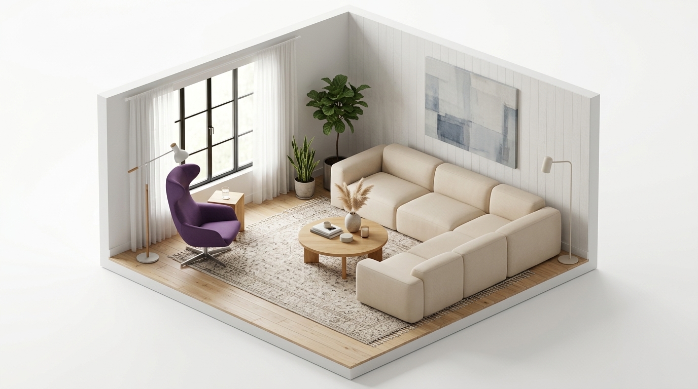 Lila fåtölj i ljust vardagsrum — så förankras den tunga med NO GA Brick 5-Seater Corner