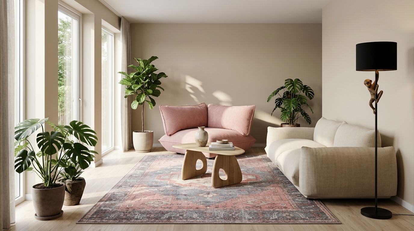Rosa pastell och mönstrad matta i vardagsrummet — svarta med Arflex Marenco 2018 2-Seater Sofa