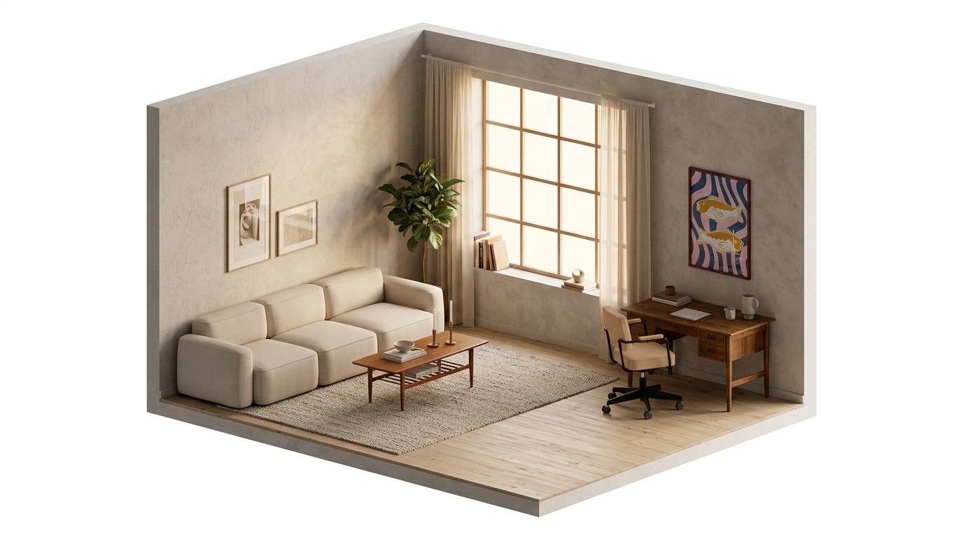 Beige vardagsrum med arbetsplats – affischens färg bryter med Massproductions Patch 3-sits soffa, Linara 05 Porridge