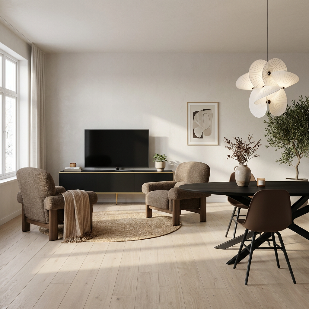 Vardagsrum med svarta detaljer — så balanseras den mörka med Ethnicraft Mikado Oval Dining Table