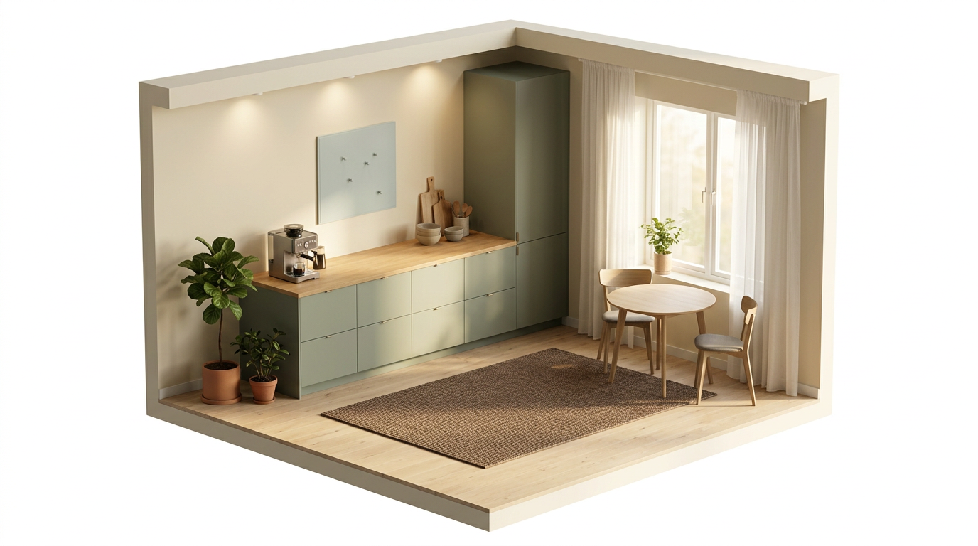 Salviagröna köksluckor och mörkbrun golvyta – så förankras med Normann Copenhagen Flick matta, 170x240 cm brun