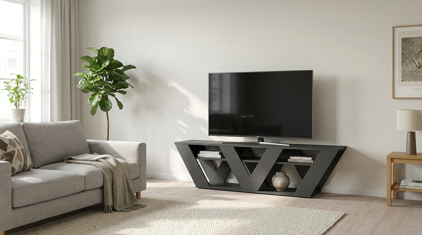 Ljus bas i vardagsrummet — så förankrar mörka silhuetter med NORDVÄRK Ralla TV-bord, m 1 hylla - antracitgrå melamin (158x30)