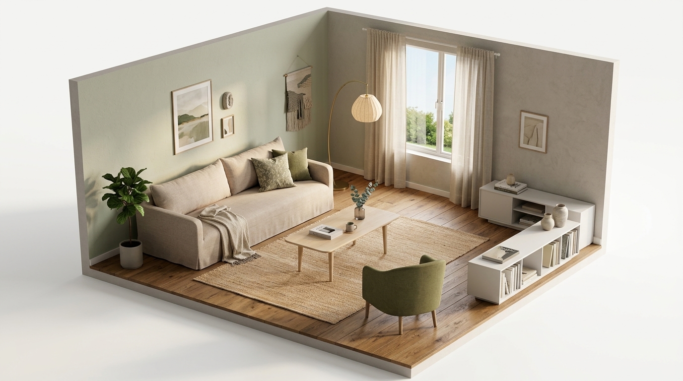 Salviagrön vägg och ton-i-ton vardagsrum — så förankras den med Dusty Deco Dolores Sand Sofa, Carl Hansen CH011 soffbord