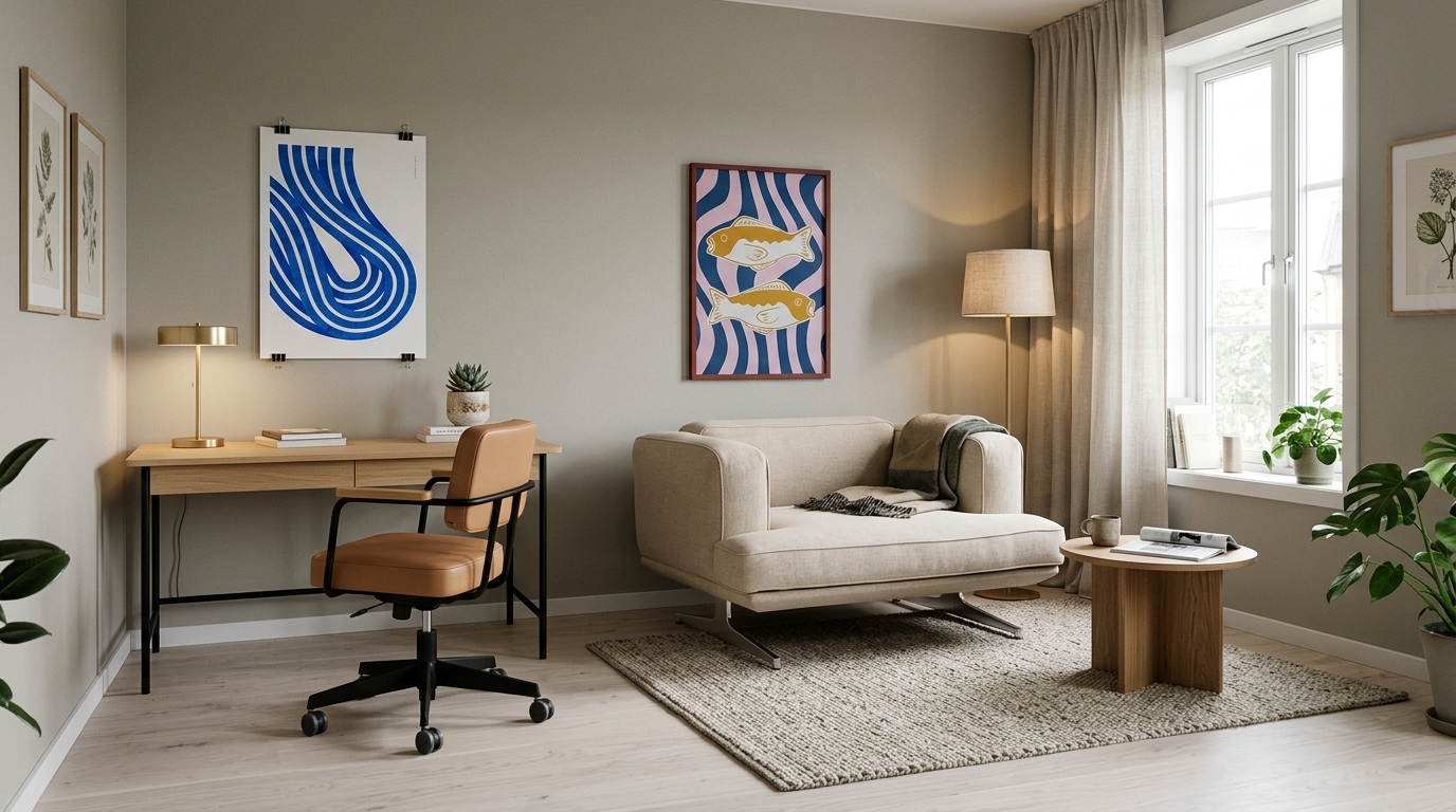 Greige väggar i vardagsrummet — så balanseras träslagen med med Paper Collective Entropy Blue 02 poster, 50x70 cm