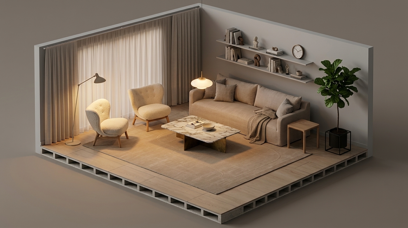 Monokromt beige vardagsrum — så bryter stenen tygets med Dusty Deco Dolores Sand Sofa