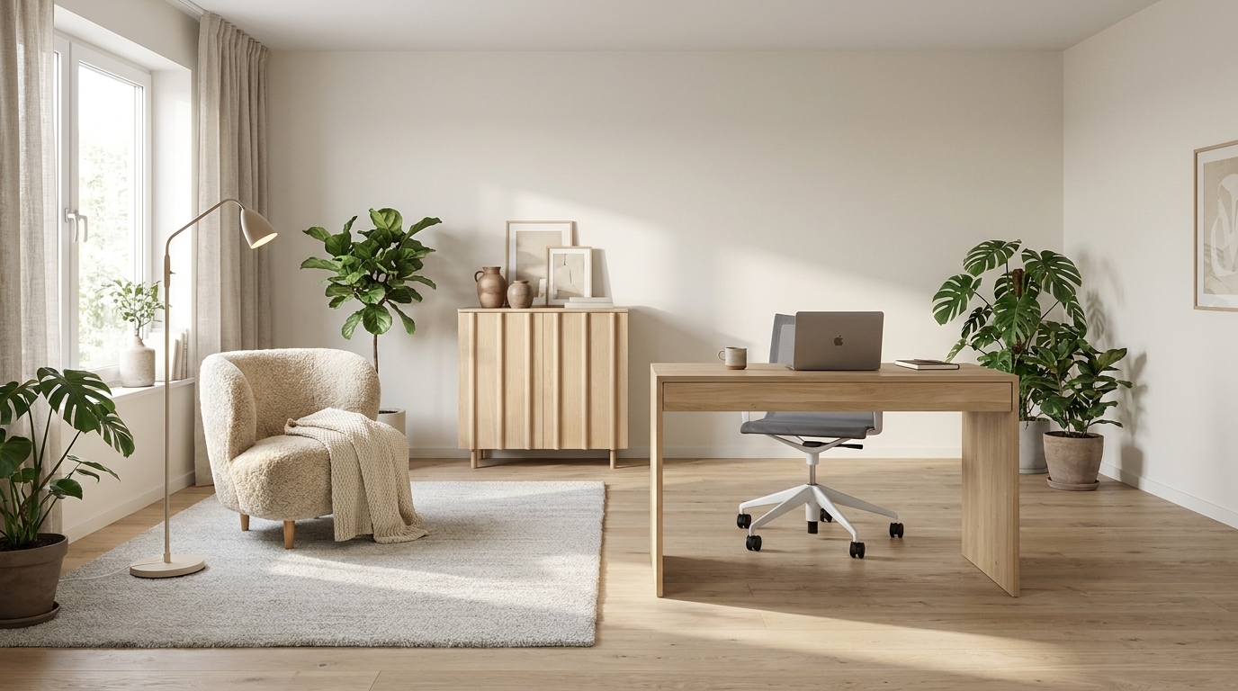Varma väggar och ljus ek – så får hemmakontoret djup utan med Ethnicraft Wave Skrivbord, Vitra Physix Studio kontorsstol