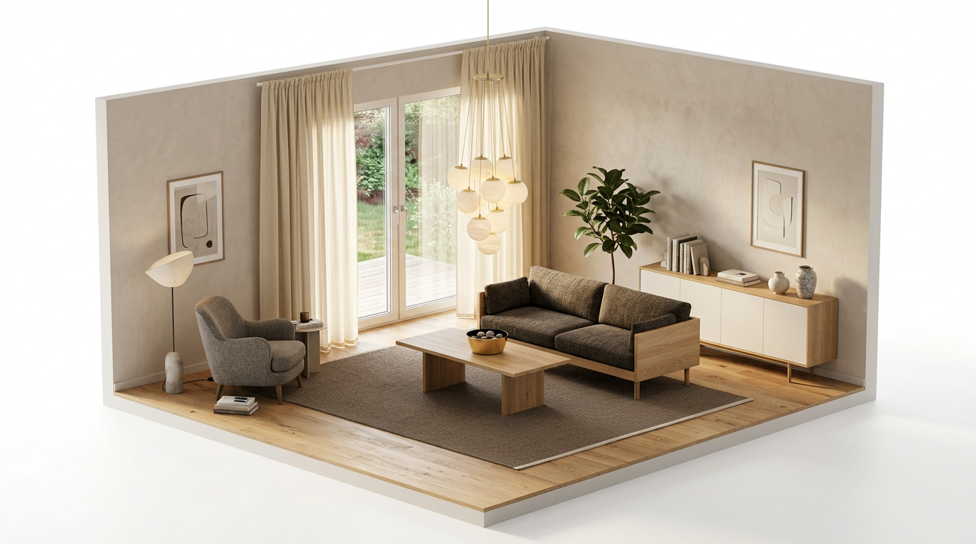 Monokromt vardagsrum i beige — så separeras trä från trä med Linum Intermezzo gardin, Gräddig beige