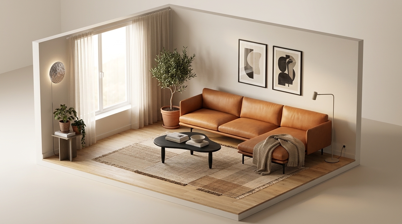 Cognacsfärgad skinnsoffa i vardagsrummet — så räddar mörka med Muuto Outline Sofa Chaise Longue Right / Black Base