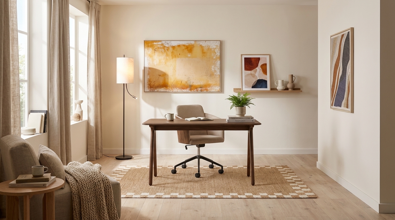 Fristående skrivbord och beige bas — så bryts med Tom Dixon Slab Desk Small Fumed Oak