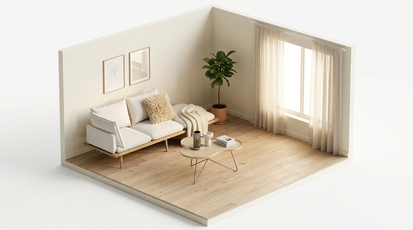 Monokroma ytor i vardagsrummet — så separeras möblerna från med Umage Lounge Around 3-sits soffa Oak/White Sands