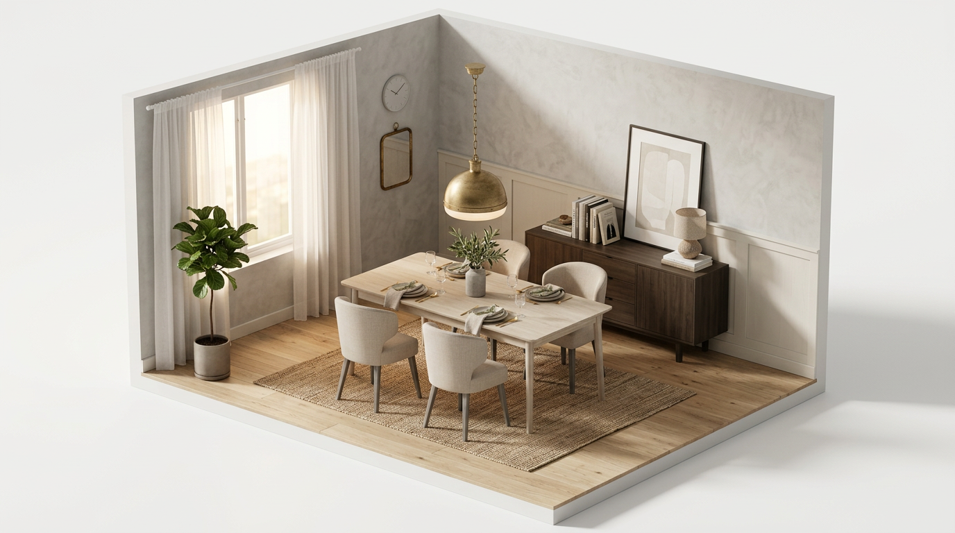 Beige väggar i matrummet — den mörka förvaringen räddar med Stolab Prima Vista bord, Ek ljus mattlack-120cm-1 ilägg
