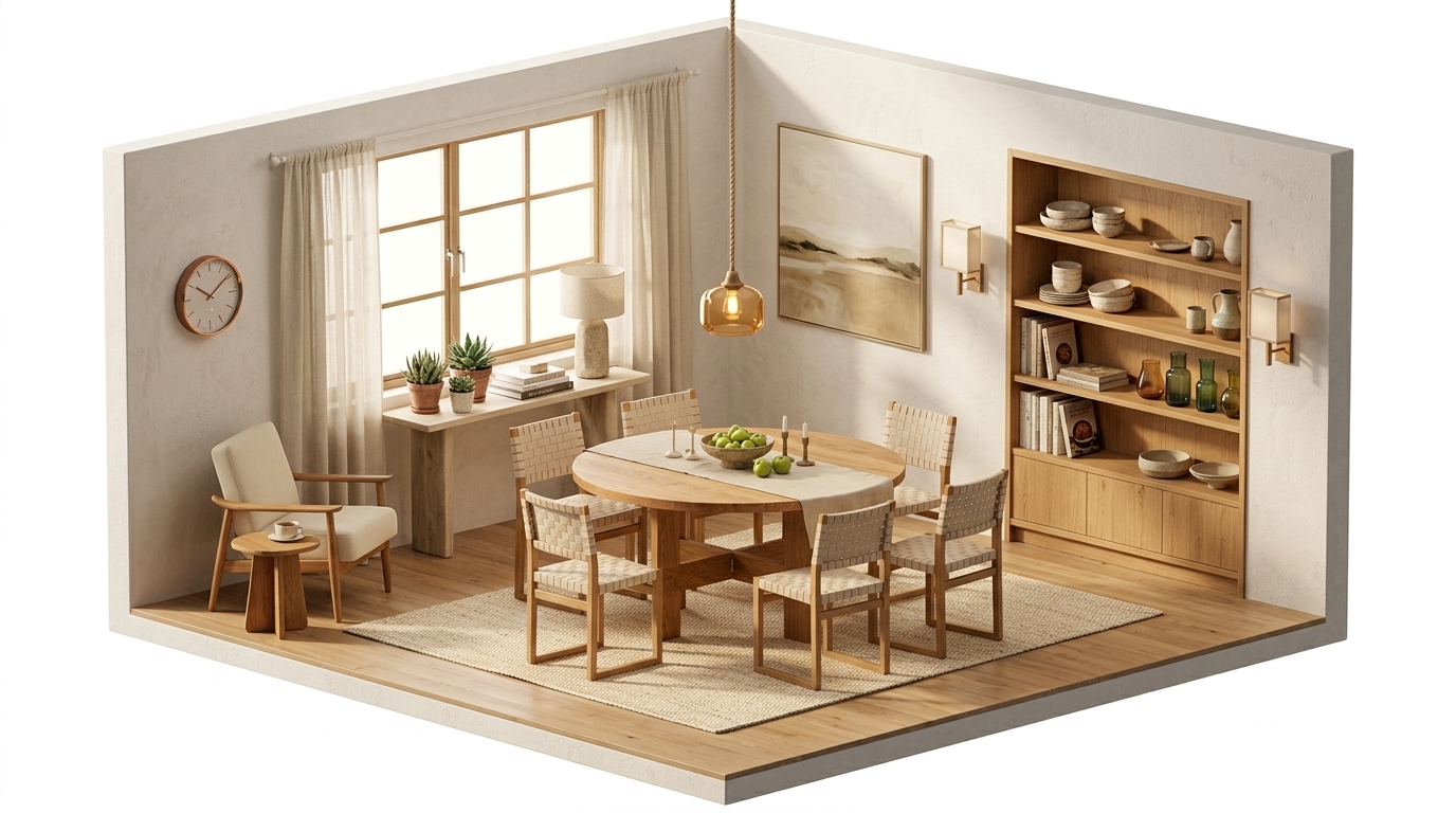 Trärena ytor och beige toner i matrummet — så räddas den med Frama Farmhouse Trestle Round matbord