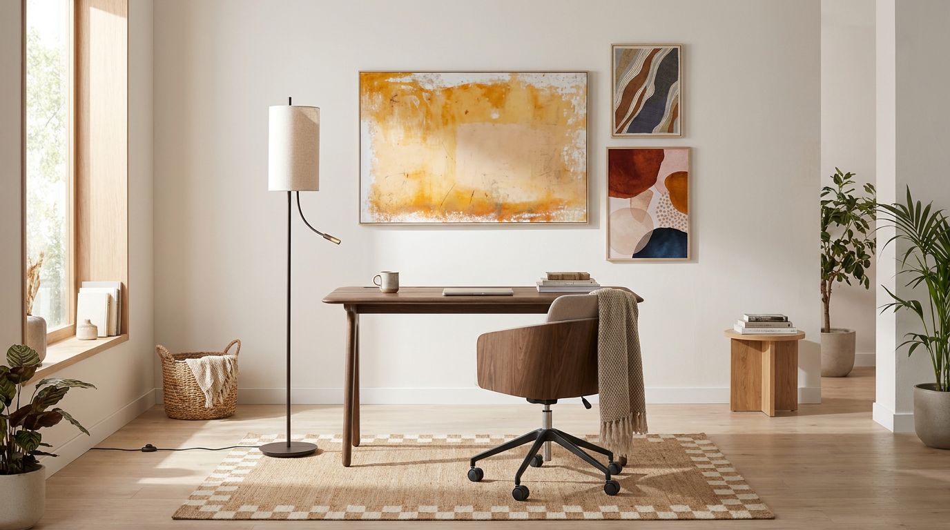 Ockragula toner och mörkt trä — så förankras hemmakontoret med Tom Dixon Slab Desk Small Fumed Oak