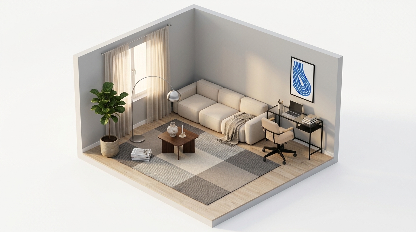 Beige vardagsrum med öppen arbetsplats – så räddas den med Linie Design Bologna Stone 250x350 matta